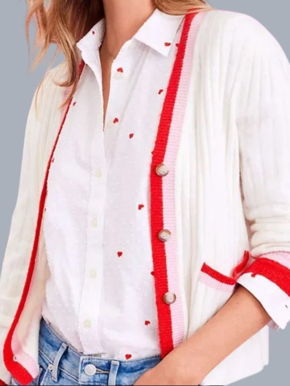 LOFT Soft Vanilla Ivory V-Neck Knit Cardigan Cherry Red Contrast Trim Size XL